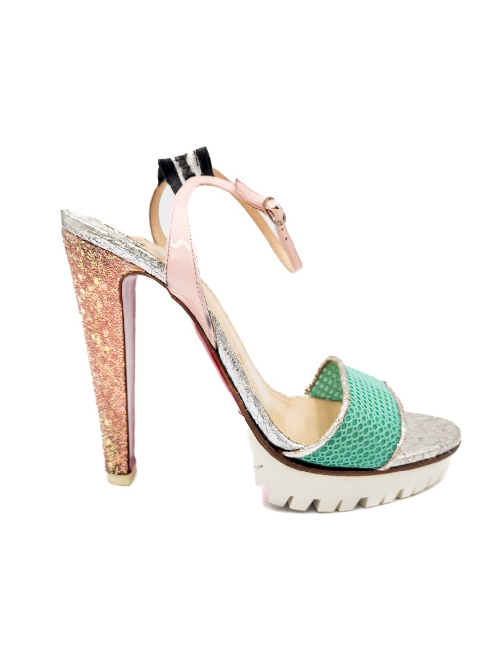 Christian Louboutin Discoport Pastel Ankle Strap Lug Block Glitter Heels EU 37
